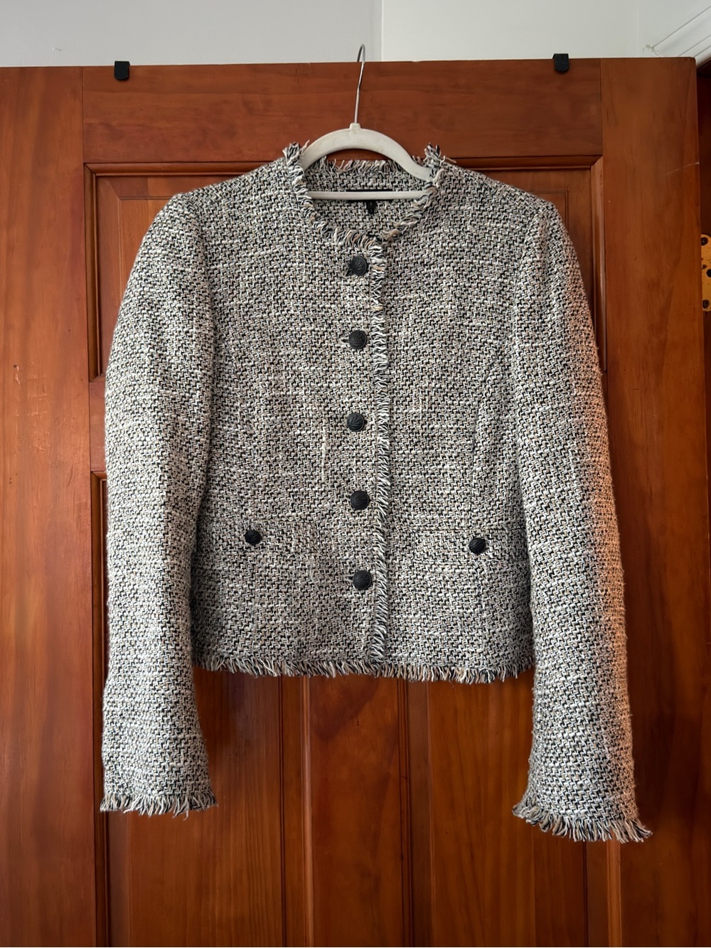 rag & bone Black and White Tweed Fringe Jacket